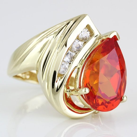 10k Yellow Gold Teardrop Orange & CZ Cubic Zirconia Gemstone Ring - Picture 3 of 9